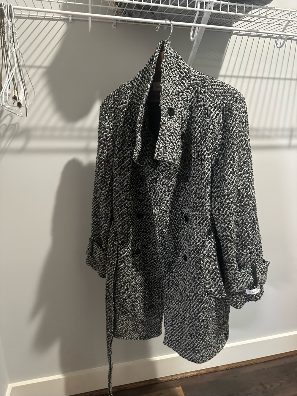 Calvin Klein Black and White Tweed Trench Coat